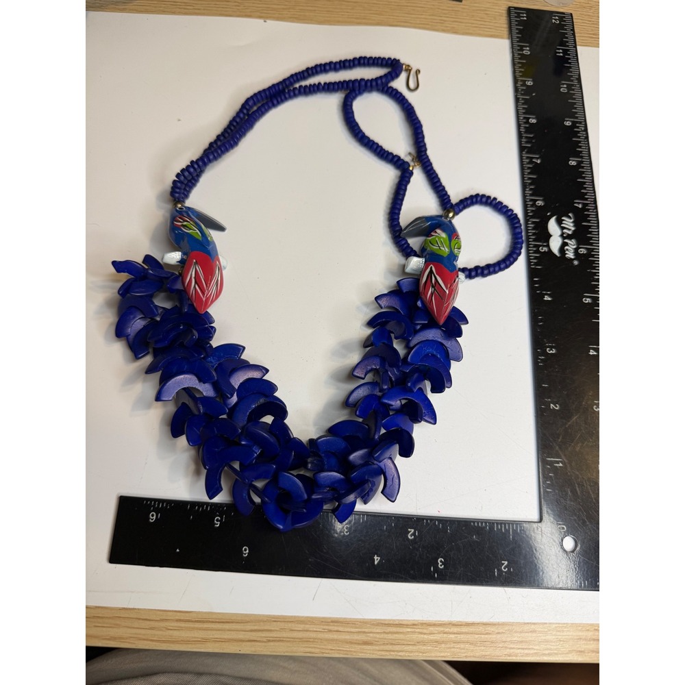 Blue Carved Wood Toucan Statement Necklace Hand Painted Tropical Bird Jewelry